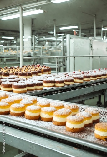 Sweet tasty cakes on food factory conveyor