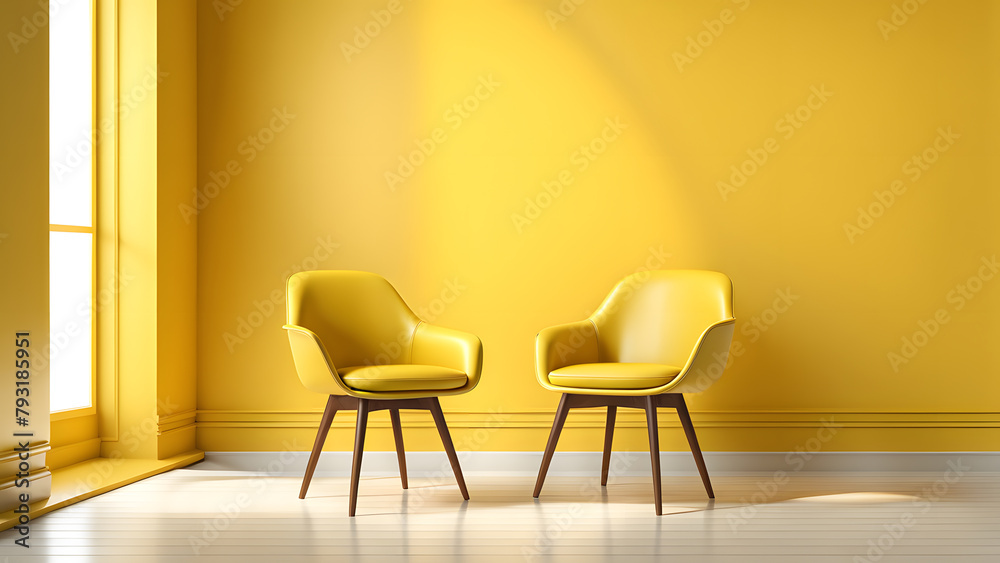Two yellow chairs are sitting in front of a yellow wall Two yellow chairs are sitting in front of a yellow wall