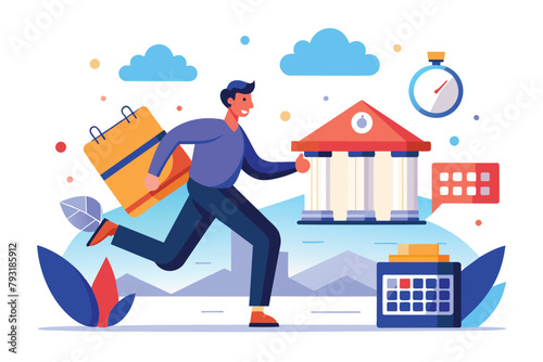 A man is sprinting with a suitcase and a clock in hand, possibly fleeing from a bank robbery, illustration of a man running from the bank with a clock, Simple and minimalist flat Vector Illustration