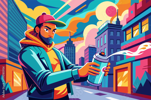 A charismatic street artist with a spray paint can, creating a vibrant mural on a city wall.