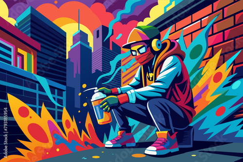A charismatic street artist with a spray paint can, creating a vibrant mural on a city wall.
