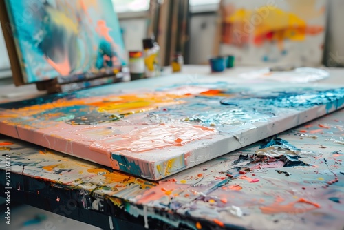 Canvas with splattered paint in art studio