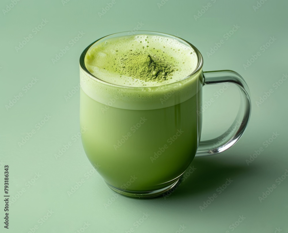 prepared matcha tea in a glass mug. prepared matcha tea in a glass mug.
