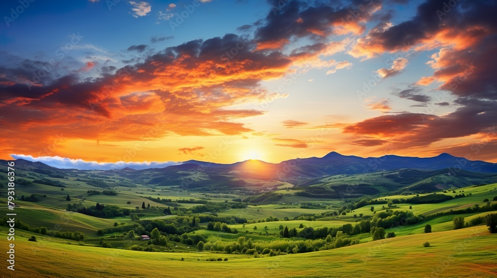 Fototapeta premium The golden sun dips below the horizon offering a vibrant display over a picturesque landscape of luscious green hills