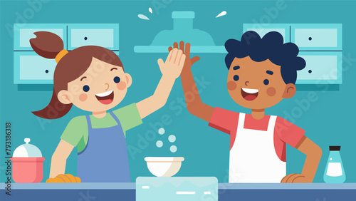 Two siblings highfive each other in the kitchen covered in flour and food coloring from their successful joint science experiment of making