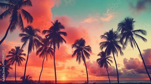 A breathtaking spectacle with velvety skies embracing tall palm tree silhouettes during a tropical sunset
