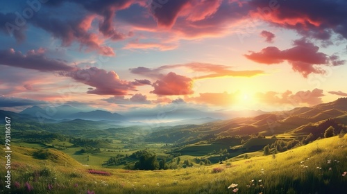 An enchanting sunset casting a golden hue over rolling hills, highlighting the delicate wildflowers