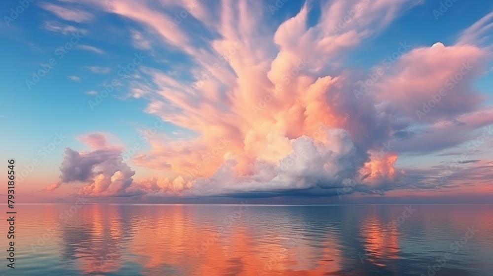 Fototapeta premium A picturesque scene featuring soft pastel-colored clouds reflecting on the tranquil ocean, symbolizing harmony and balance