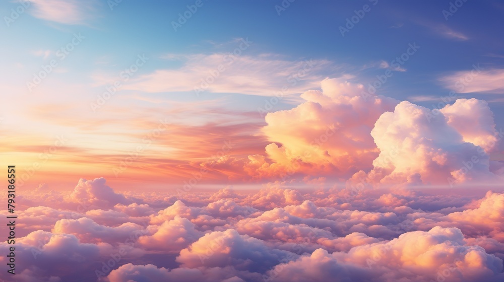 A stunning aerial perspective of fluffy clouds basked in a soft sunset light, connoting freedom and infinity