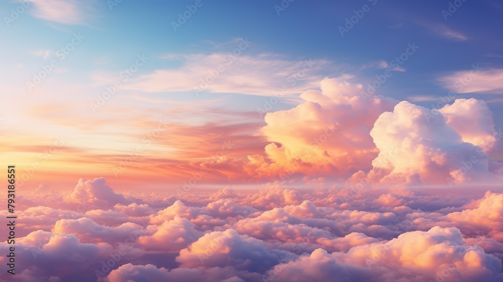 A stunning aerial perspective of fluffy clouds basked in a soft sunset light, connoting freedom and infinity A stunning aerial perspective of fluffy clouds basked in a soft sunset light, connoting freedom and infinity