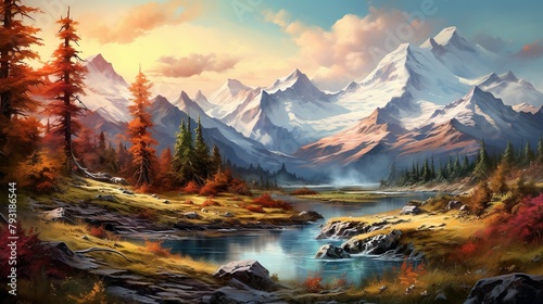 This vibrant image captures the breathtaking view of a mountain range amidst autumn foliage and a serene river flowing through it