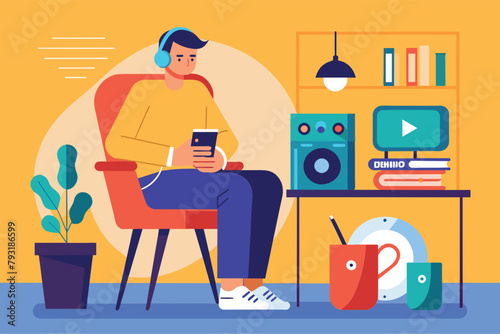 A man is seated in a chair, wearing headphones, illustration of a man sitting on a chair next to a music player, Simple and minimalist flat Vector Illustration