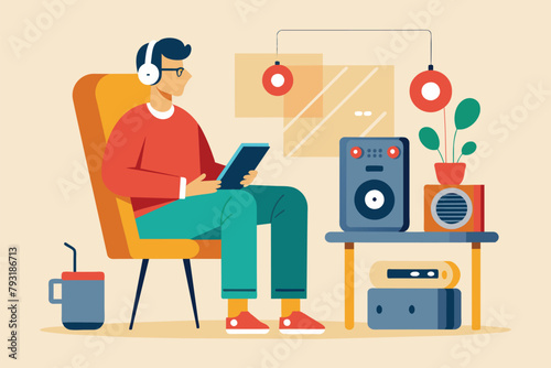 A man is seated in a chair, wearing headphones, illustration of a man sitting on a chair next to a music player, Simple and minimalist flat Vector Illustration