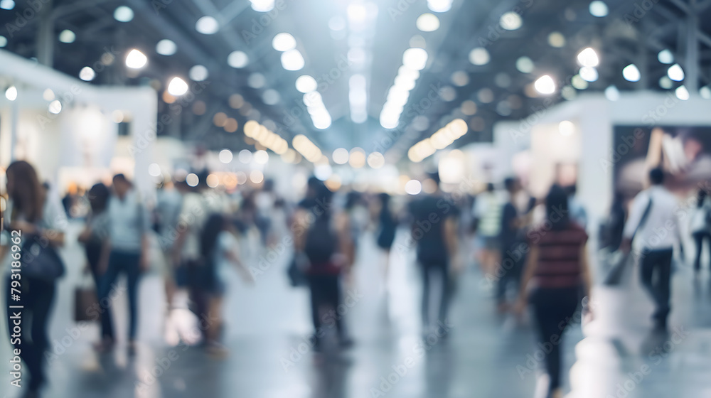 An expo hall bustling with activity and attendees, business conference, blurred background, with copy space An expo hall bustling with activity and attendees, business conference, blurred background, with copy space
