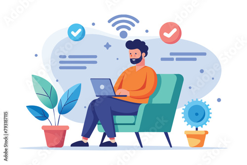 Man sitting, typing on laptop in office setting, man sitting in a chair with a contract on a table, Simple and minimalist flat Vector Illustration