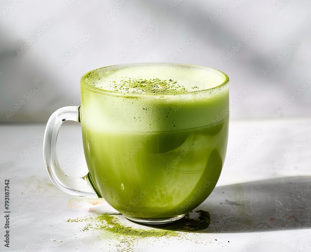 prepared matcha tea in a glass mug on a white background. prepared matcha tea in a glass mug on a white background.