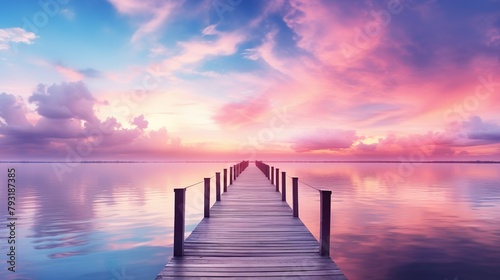 A wooden pier extends into a calm ocean with a beautiful sunrise illuminating the horizon