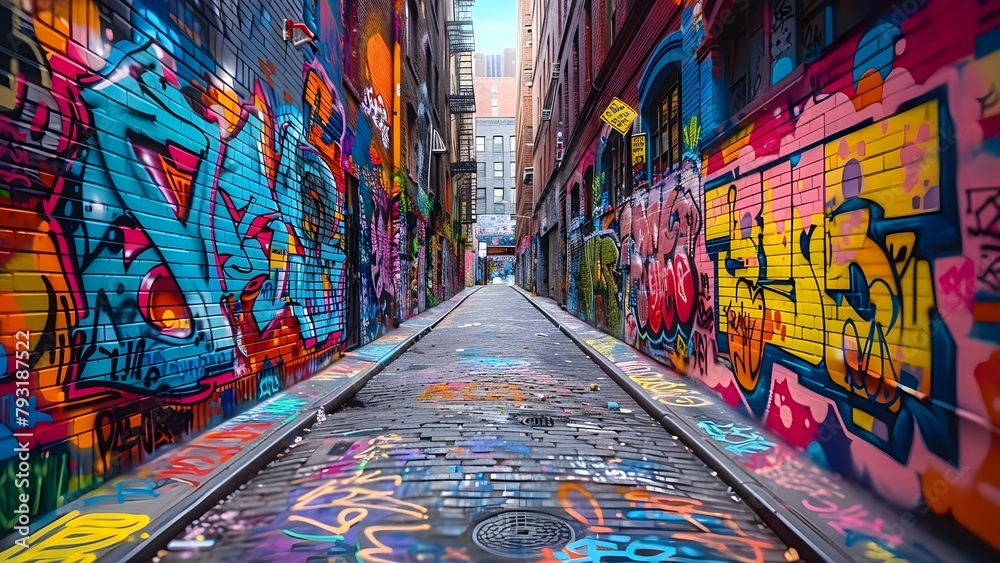 Colorful graffiti covers every inch of a narrow alley from tags to murals. Concept Street Art, Urban Landscape, Graffiti Culture, Vibrant Colors, Creative Expression