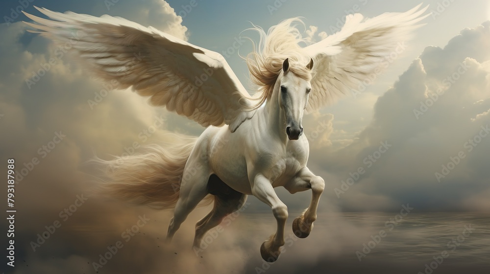 A white Pegasus with wide, powerful wings takes flight among the surreal landscape of clouds and dreamy skies
