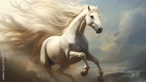 A powerful white horse gallops with strength and grace  its long mane blowing in the wind against a serene landscape