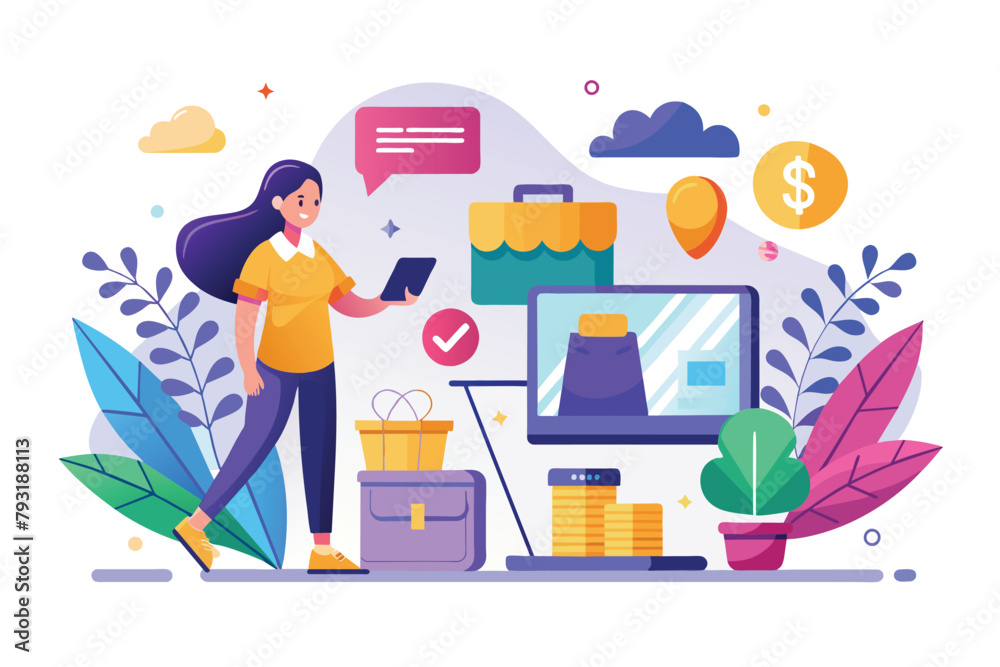 A woman standing in front of a computer screen, looking at the monitor intently, Phone storage, Simple and minimalist flat Vector Illustration A woman standing in front of a computer screen, looking at the monitor intently, Phone storage, Simple and minimalist flat Vector Illustration