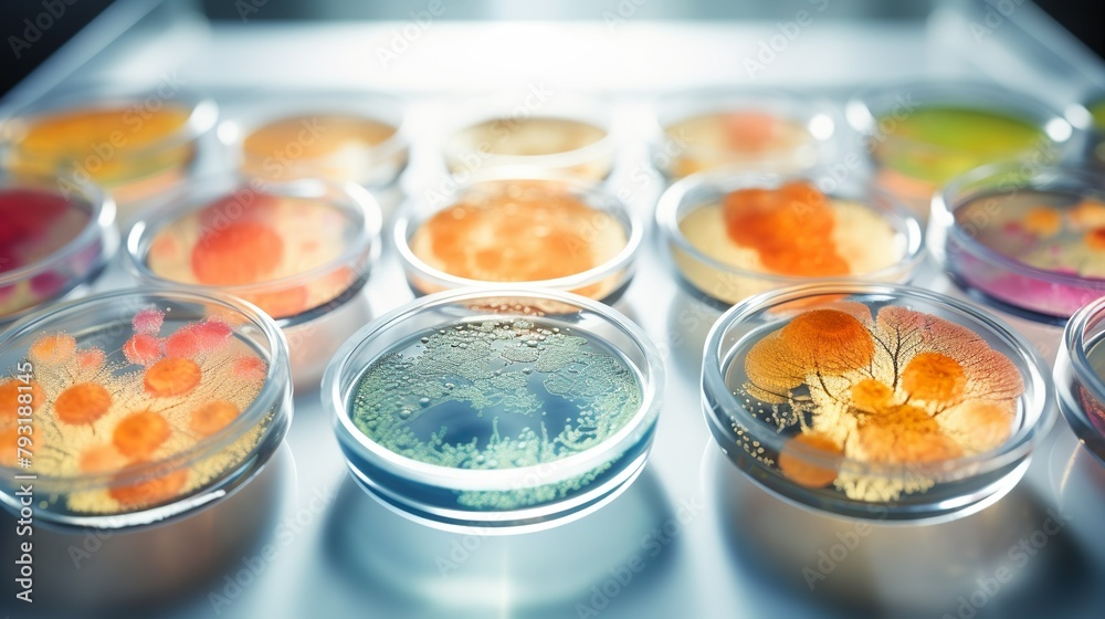 Close-up image of petri dishes arrayed with different colored bacterial cultures, symbolizing medical research Close-up image of petri dishes arrayed with different colored bacterial cultures, symbolizing medical research