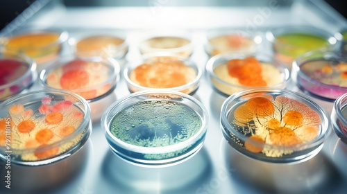 Close-up image of petri dishes arrayed with different colored bacterial cultures, symbolizing medical research