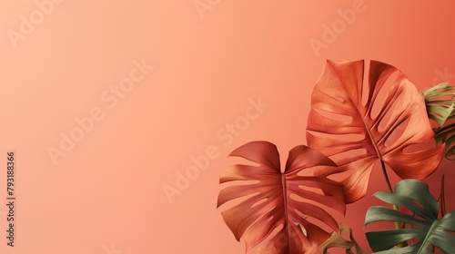 Beautiful monstera leaves with their distinct split patterns stand out against a coral colored backdrop photo