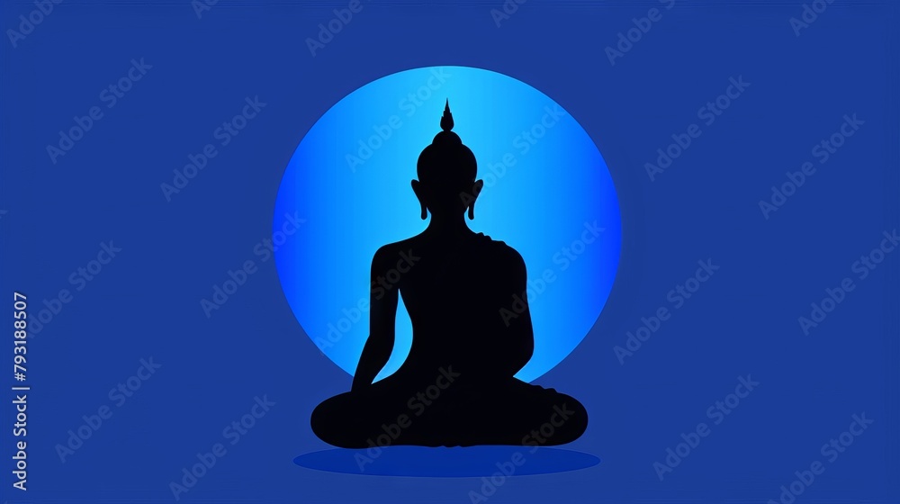 Silhouette of Buddha in lotus position against blue glow. Buddhist meditation icon. Concept of inner peace, spiritual focus, Zen practice, religious art, spiritual enlightenment, meditative practice