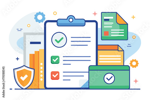 A clipboard with a checklist next to a shield, symbolizing improved document security measures, Improved document security trending, Simple and minimalist flat Vector Illustration