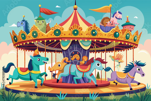 Illustration of a whimsical carousel with unicorn and pegasus figures, including a child operating the ride and brightly colored decoration details