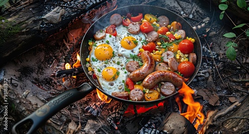 Delicious fried eggs with bacon, tomatoes and pepper in frying pan, closeup. AI generated illustration