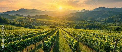 Extra wide panoramic shot of a summer vineyard shot at sunset. AI generated illustration photo