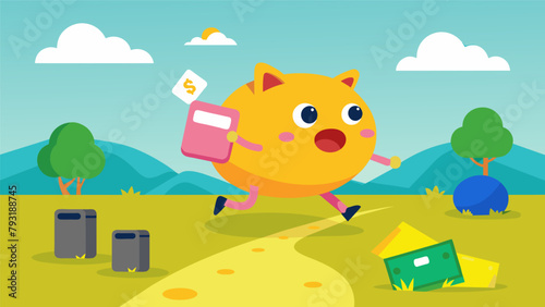 A cartoon character happily skips along a yellow brick road leading to a giant piggy bank at the end. Along the way they pass abandoned credit