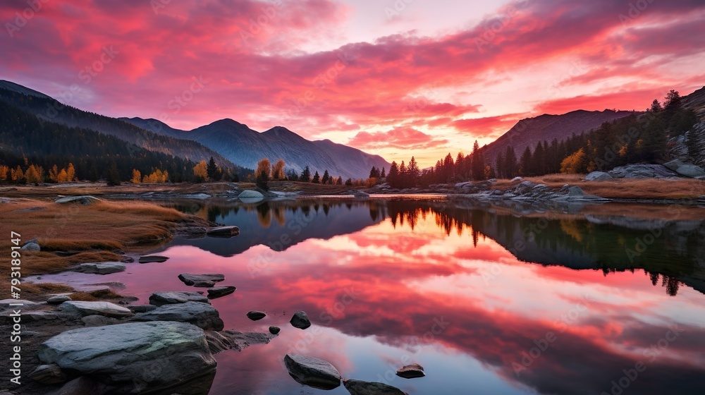 This captivating image showcases a vibrant sunset reflecting on a tranquil mountain lake amidst autumn foliage