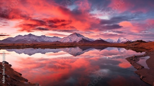 A picturesque landscape with a fiery red and pink sky reflecting on the still water of a mountain lake