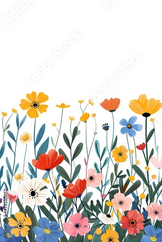 A field of colorful flowers, including red, orange, yellow, pink, blue, and purple flowers. The flowers are arranged in a random order and there are green leaves in the background. © Montree