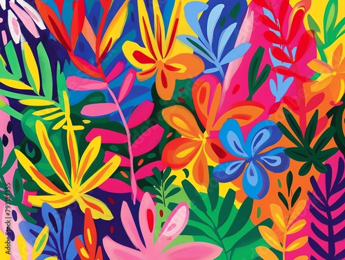 A bright and colorful painting of flowers and leaves.