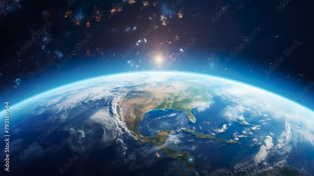 Fototapeta premium This compelling image shows a high-detail Earth with clouds, and sunlight reflecting on the ocean's surface
