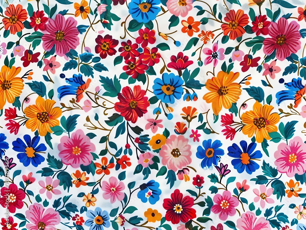 A colorful floral pattern with pink, blue, yellow, and orange flowers on a white background.