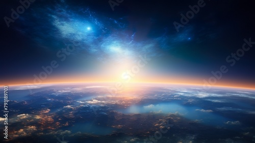 An awe-inspiring image of the sun rising behind Earth, illuminating the continents and oceans, symbolizing life, growth, and the continuous cycle of day and night on our planet