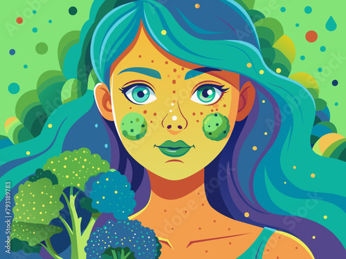 Vibrant Illustration of Woman with Blue Hair and Broccoli Motif