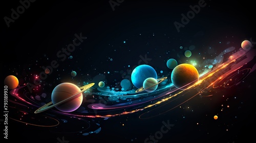 This vibrant image captures an artistic interpretation of planets in space with swirling nebulas and shining stars