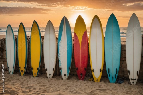 Old surfboards in a row on beach background at sunset