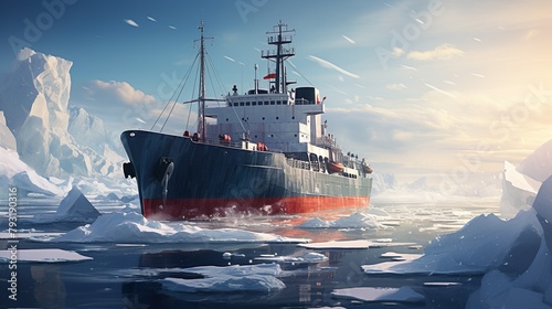 A bold icebreaker ship is shown forging a path through the icy waters of the Arctic, surrounded by icebergs