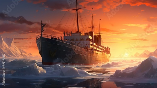 An old explorer ship is set against the backdrop of a stunning sunset amidst the icescapes of a polar region
