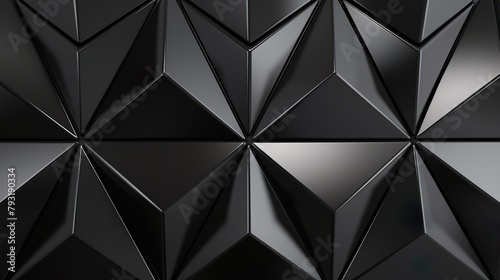 A close-up image of a geometric pattern with a sleek black metallic textured design