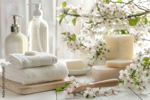 Spa bathroom scene with toiletries  soap  towel on soft white background for serene ambiance