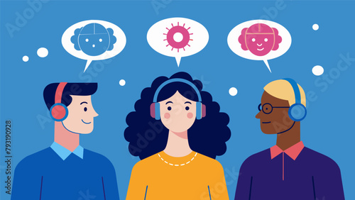 An illustration of a group of people wearing headsets that allow them to communicate through their thoughts courtesy of AIbrain integration..