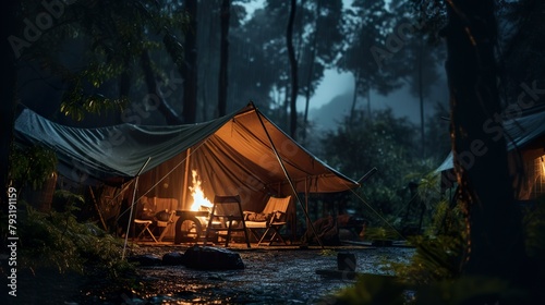 A serene night-time campsite scene with a glowing fire and a tent set against a foggy, forested backdrop